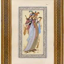 ציור מיניאטורה פרסי עם מסגרת בעבודת שיבוץ Khatam Kari, חתום