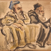 דוד גלבוע - שני תימנים זקנים, רישום בעיפרון ואקוורל על נייר, חתום